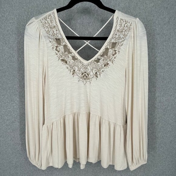torrid Tops - Torrid Babydoll V-Neck Embroidered Long Sleeve Top Size M Cream Boho Flowy NEW